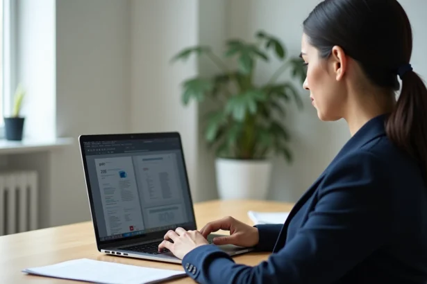 Femme en train de supprimer des pages d'un fichier PDF depuis son navigateur web sur un ordinateur portable