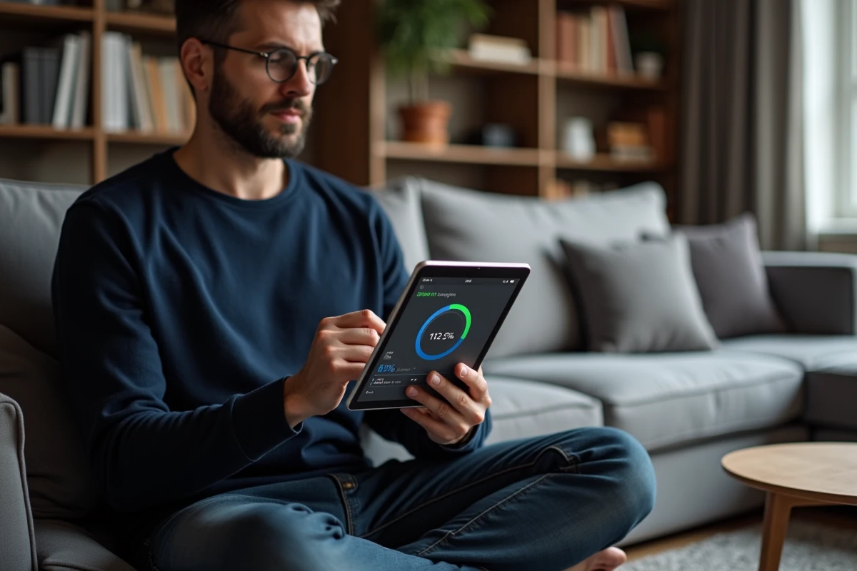 Homme consultant un diagramme de stockage en gigaoctets sur une tablette dans un salon moderne, illustration de la capacité mémoire Go et GB