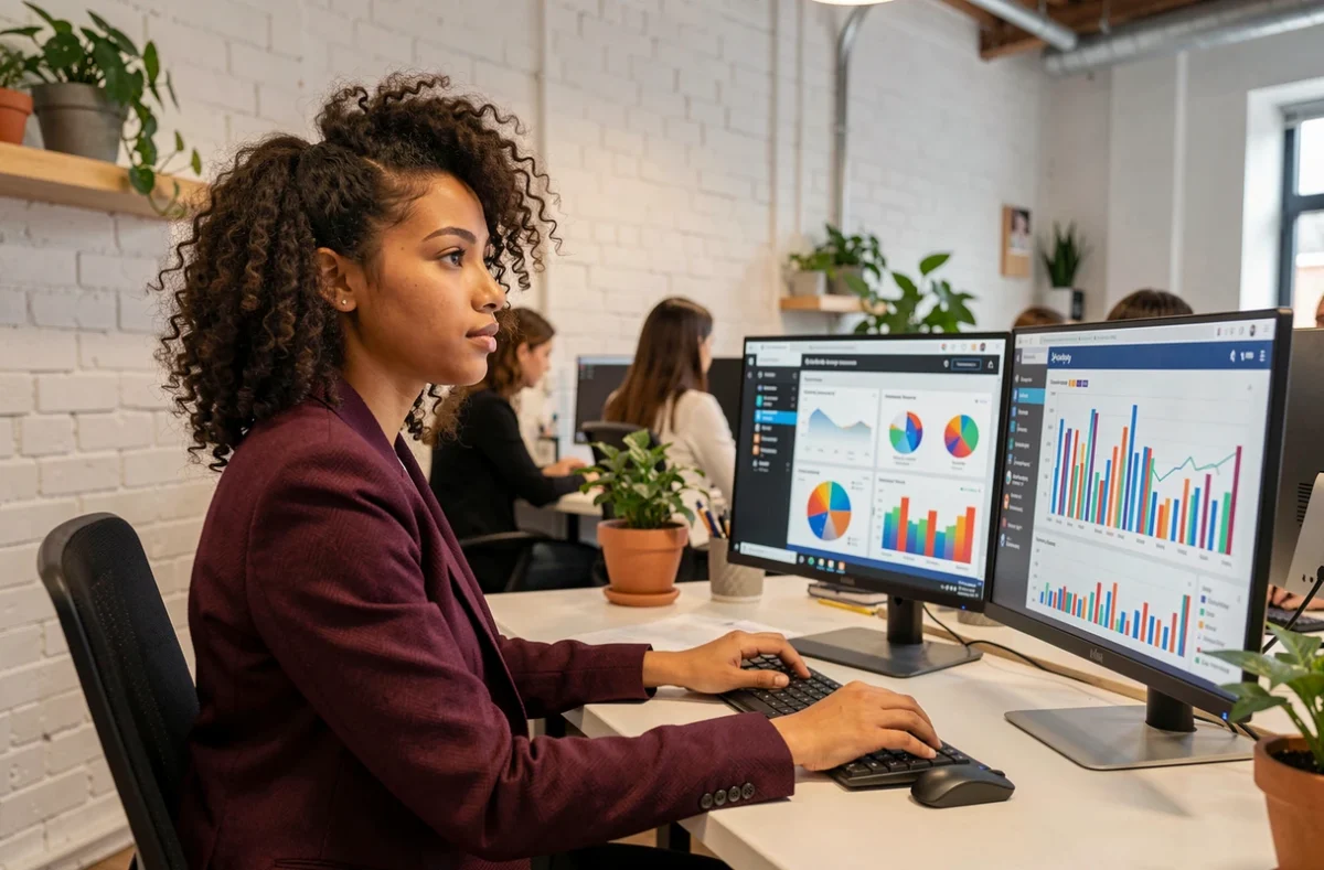 Analyste de données de Talan SAS travaillant sur des tableaux de bord analytiques dans un espace de travail moderne