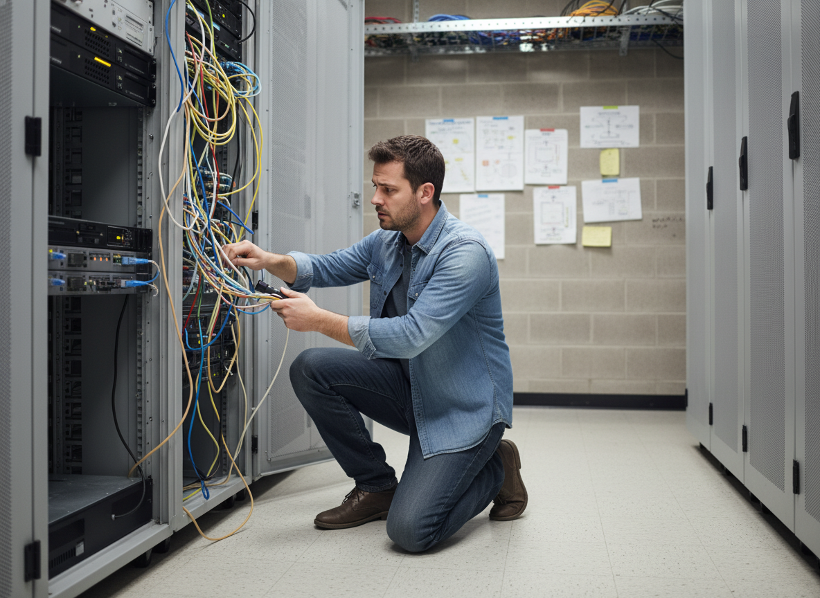 Jeune technicien informatique examinant des câbles réseau