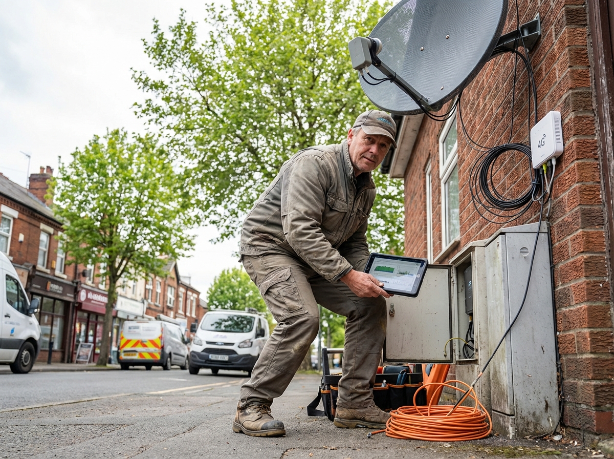Technicien vérifie équipements internet en extérieur dans un quartier résidentiel