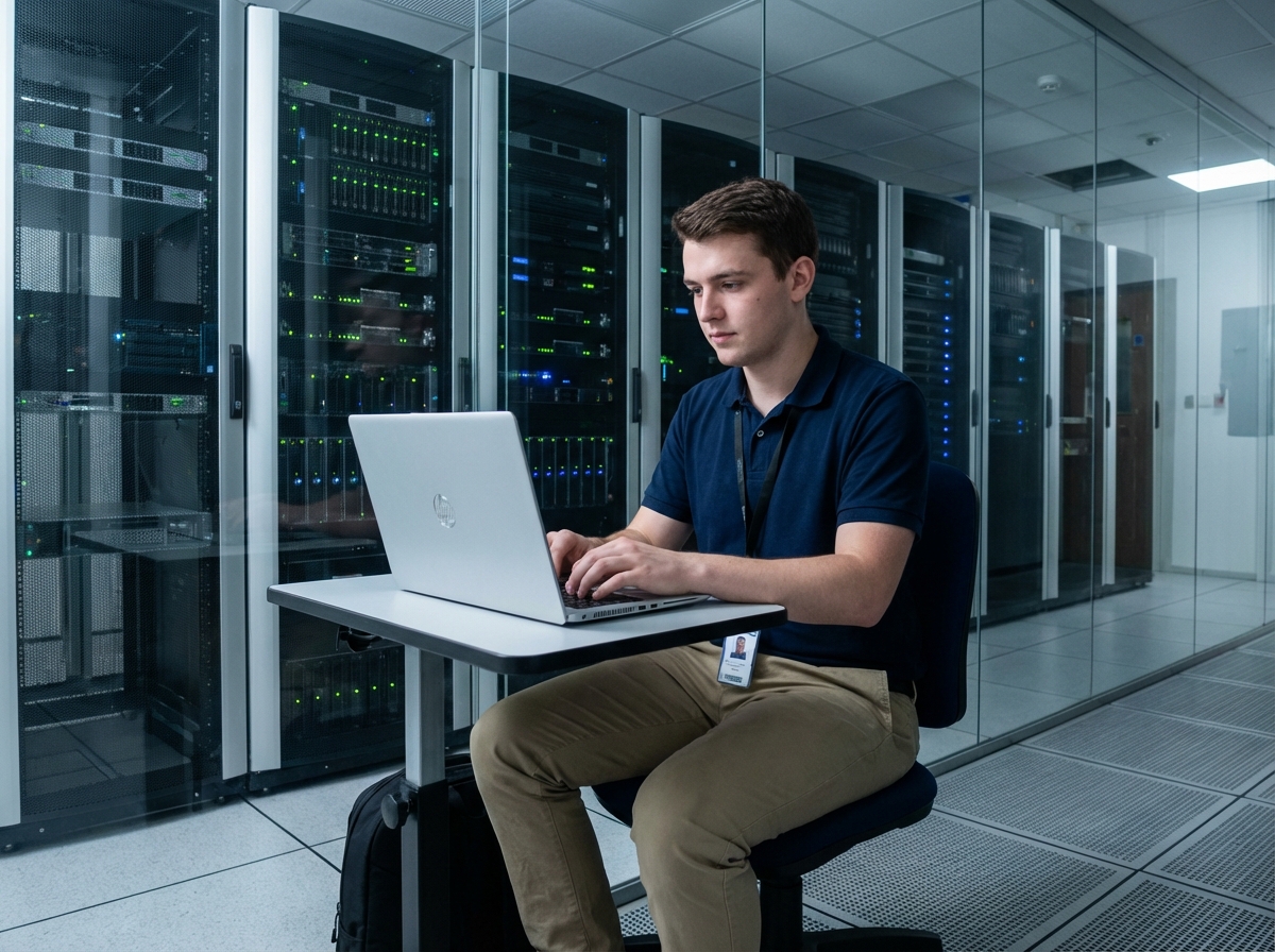 Technicien informatique travaillant sur un laptop dans une salle serveurs