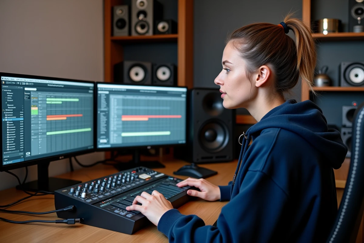 Femme technicienne audio utilisant le logiciel Virtual StudioLive sur double écran avec le mixeur StudioLive 16.0.2 USB sur le bureau