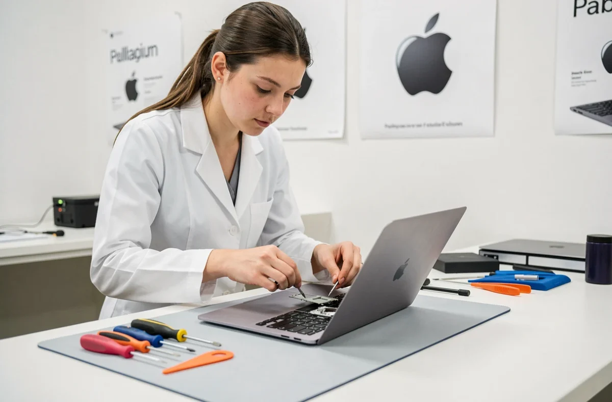 Technicienne de Technofix réparant un MacBook Pro dans un atelier de réparation Apple à Lille