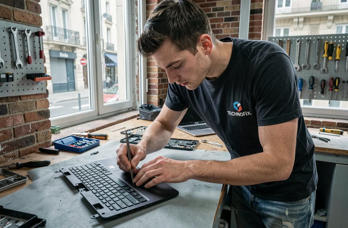 Technicien Technofix remplaçant un clavier d'ordinateur portable sur un établi d'atelier urbain