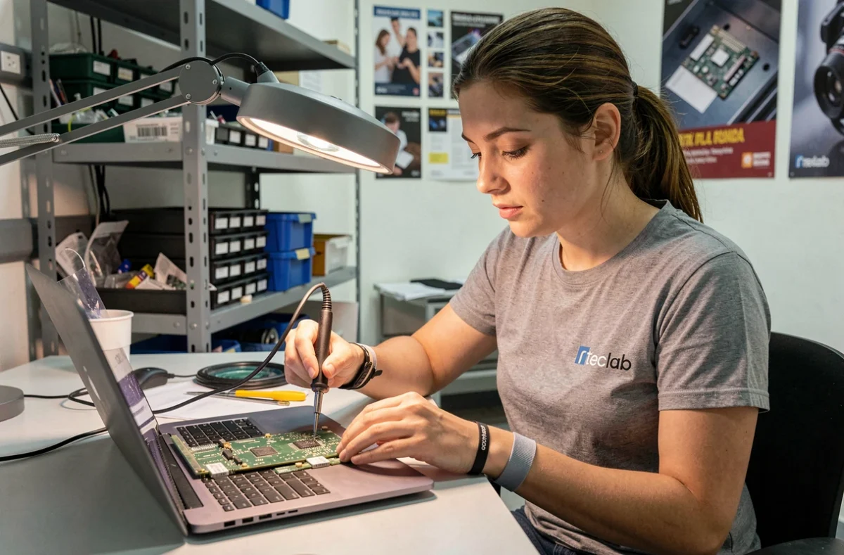 Technicienne Teclab à Tassin-la-Demi-Lune réparant une carte mère d'ordinateur portable