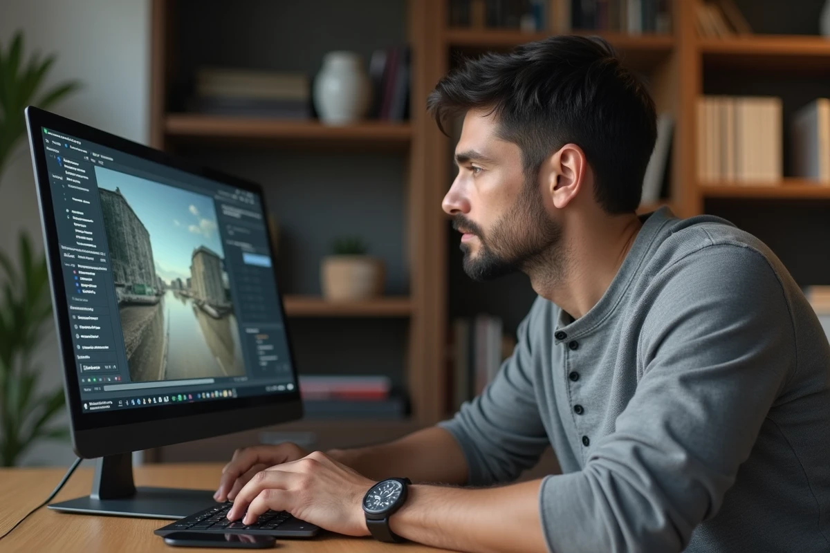 Homme consultant les paramètres de format vidéo HD sur son ordinateur portable lors d'un téléchargement