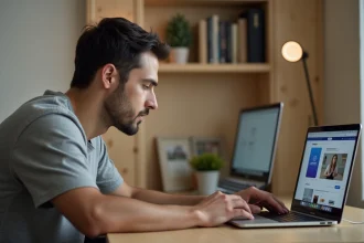 Homme téléchargeant macOS Sierra sur un MacBook Pro dans un bureau à domicile organisé