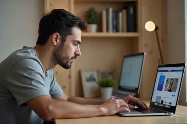 Homme téléchargeant macOS Sierra sur un MacBook Pro dans un bureau à domicile organisé