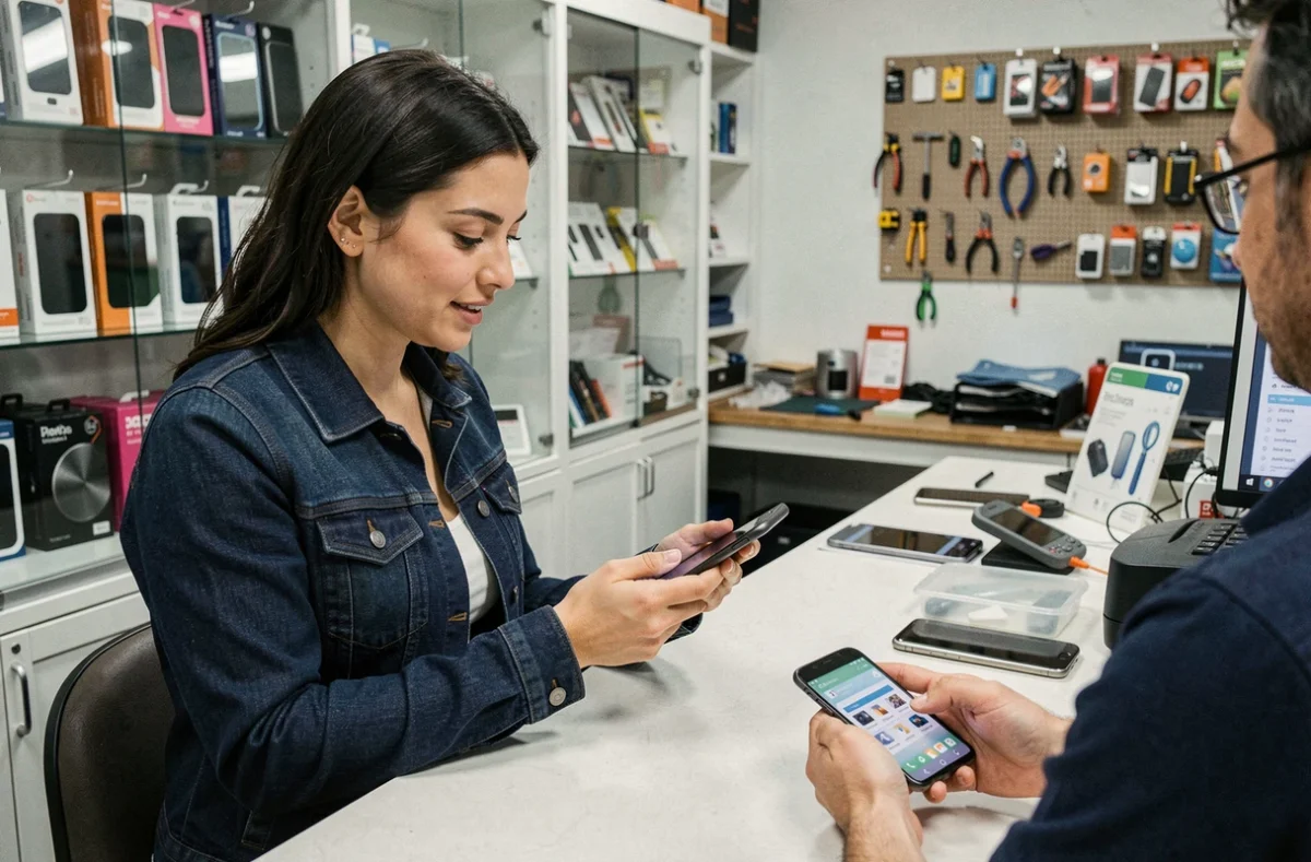 Femme montrant son smartphone Android blacklisté à un technicien dans une boutique de réparation de téléphones