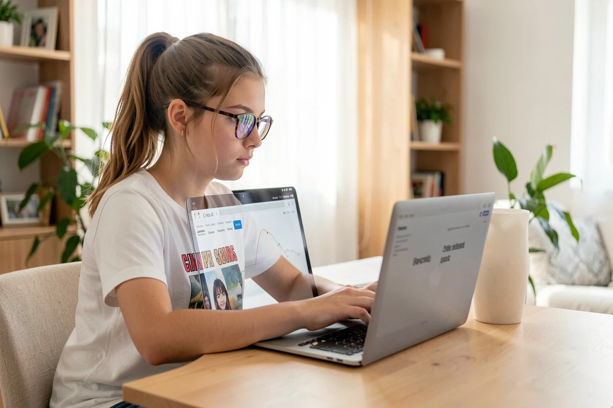 Adolescente concentrée réalisant un test de clics par seconde sur un ordinateur portable posé sur un bureau en bois