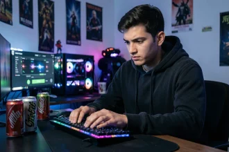 Jeune homme en train de tester sa vitesse de clics par seconde sur une souris gaming devant un écran affichant un compteur de clics