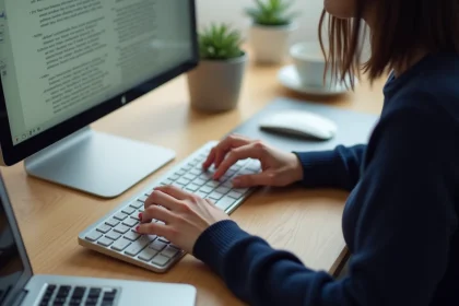 Femme appuyant sur la touche Shift d'un clavier mécanique pour sélectionner du texte dans un bureau moderne