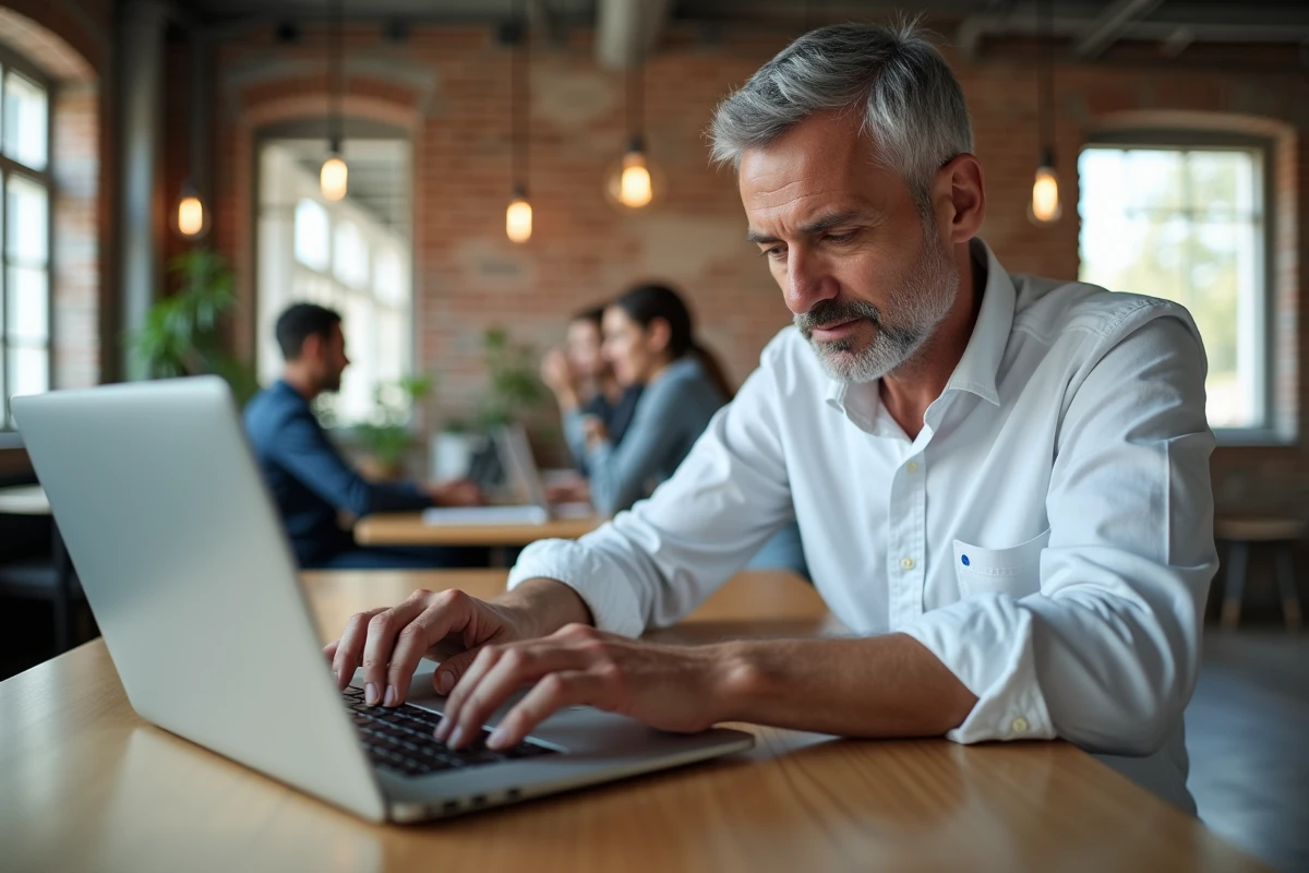 Homme utilisant la touche Shift sur un ordinateur portable pour copier-coller du texte dans un espace de coworking
