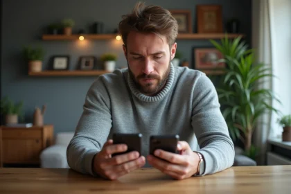 Homme en train de transférer des données entre deux smartphones