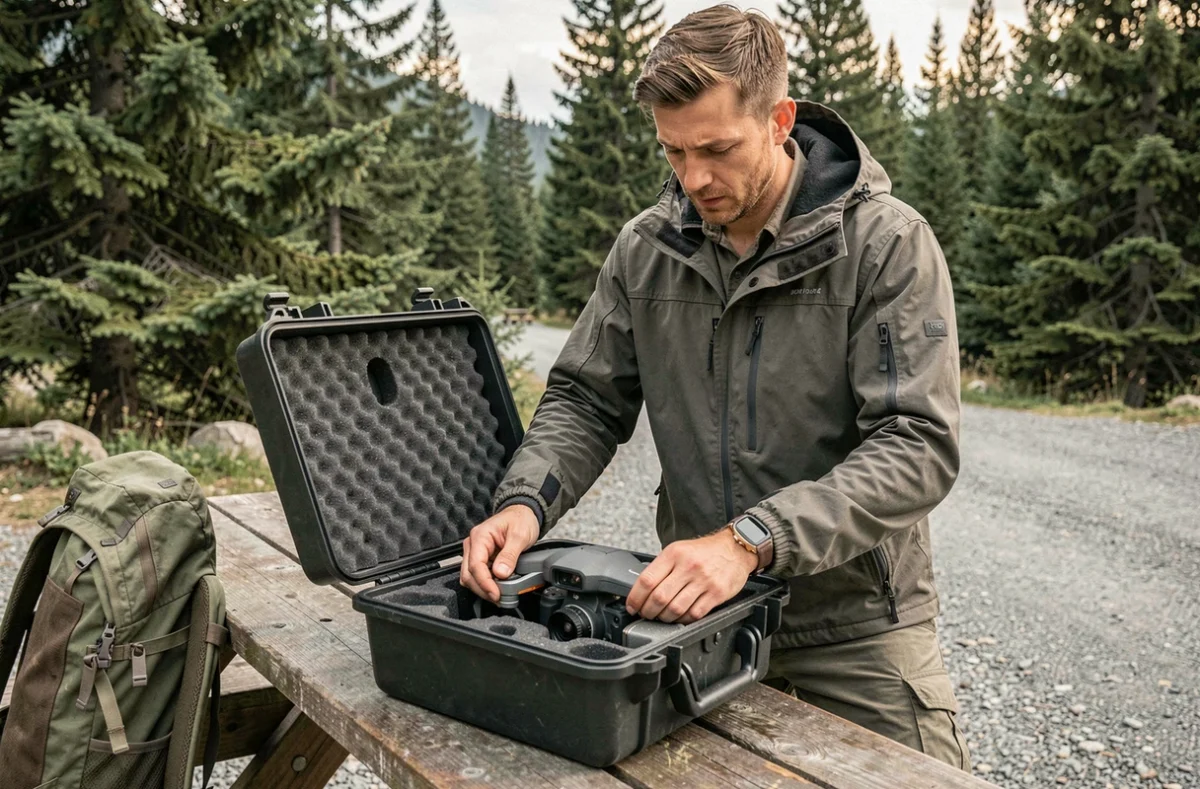 Randonneur emballant son drone caméra dans une mallette rigide rembourrée à un trailhead en montagne