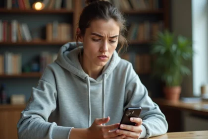Jeune femme confuse regardant un message d'erreur 'utilisateur introuvable' sur Instagram sur son smartphone