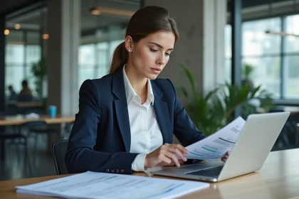 Femme professionnelle vérifiant la conformité RGPD sur des documents et un ordinateur portable dans un bureau moderne