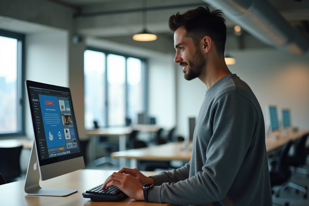 Homme testant la vitesse d'upload sur SwissTransfer depuis un disque dur externe dans un bureau moderne