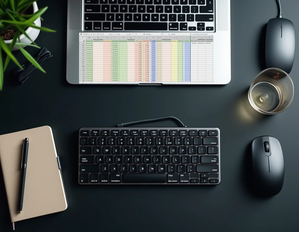 Vue aérienne d'un bureau avec clavier, souris et écran Excel affichant des doublons colorés dans une feuille de calcul