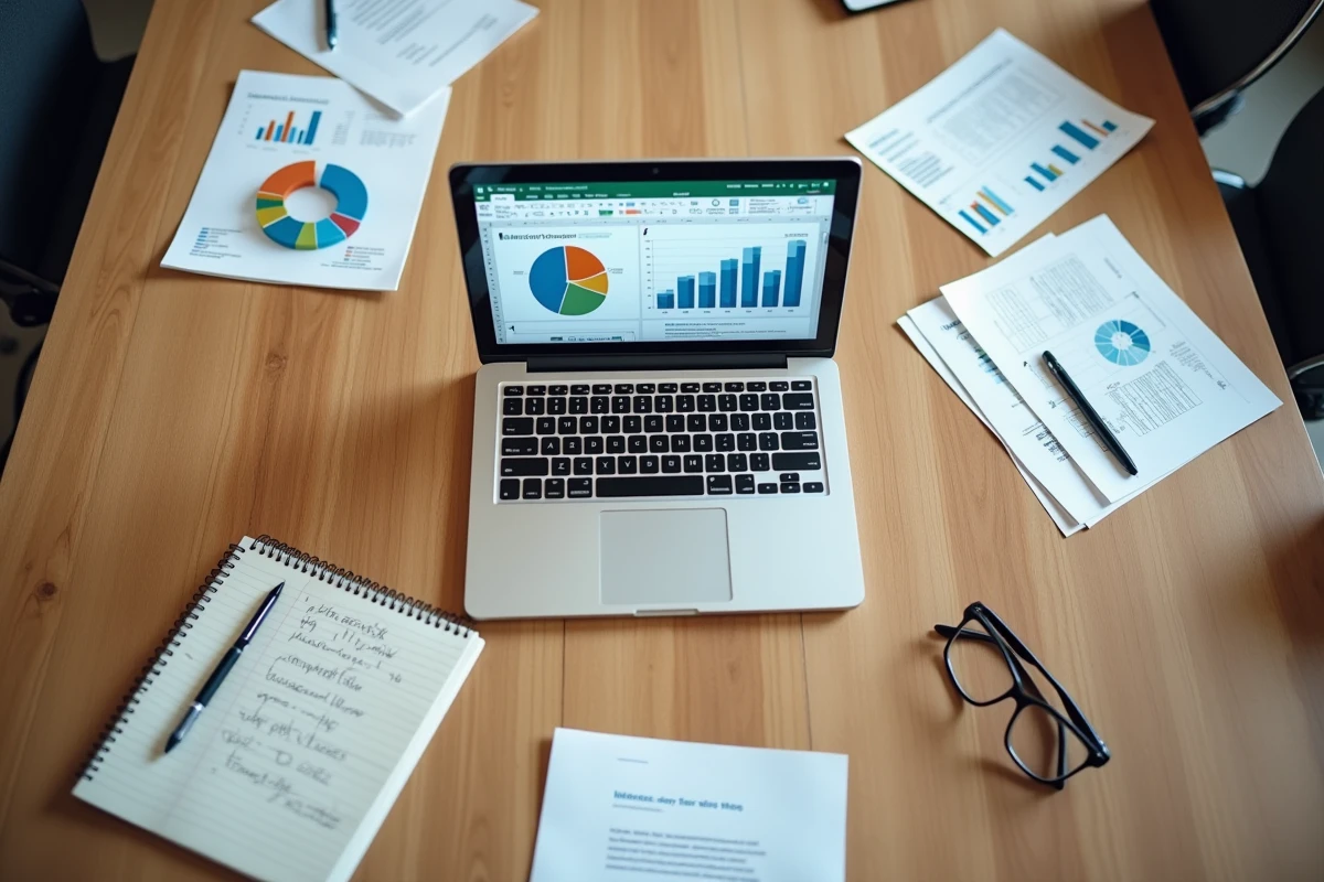 Vue aérienne d'un bureau avec un ordinateur portable affichant un graphique camembert Excel entouré de notes professionnelles